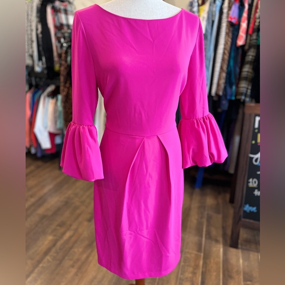 Laundry by Shelli Segal Midi Bell Sleeve Dress in Hot Pink - Picture 2 of 5